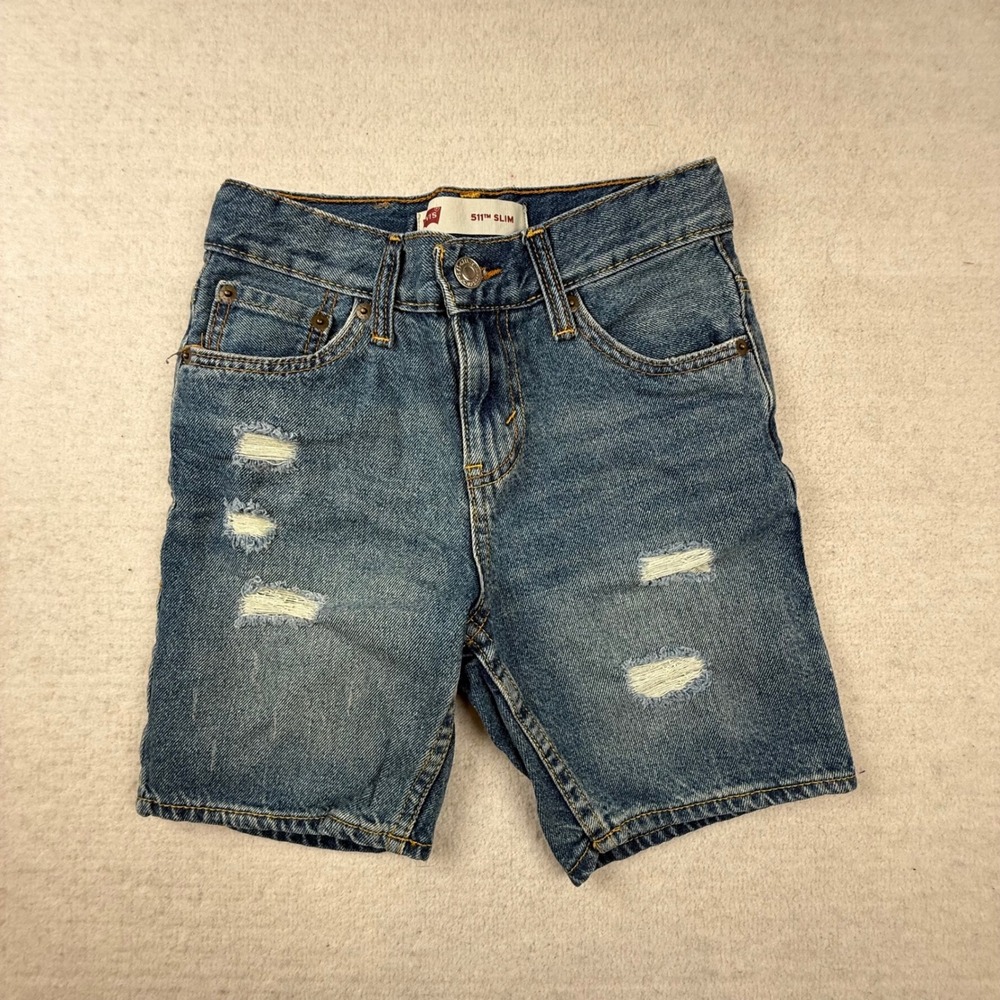 Levis 511 Slim Boys Blue Distressed Denim Shorts Size 8 Adjustable Waist